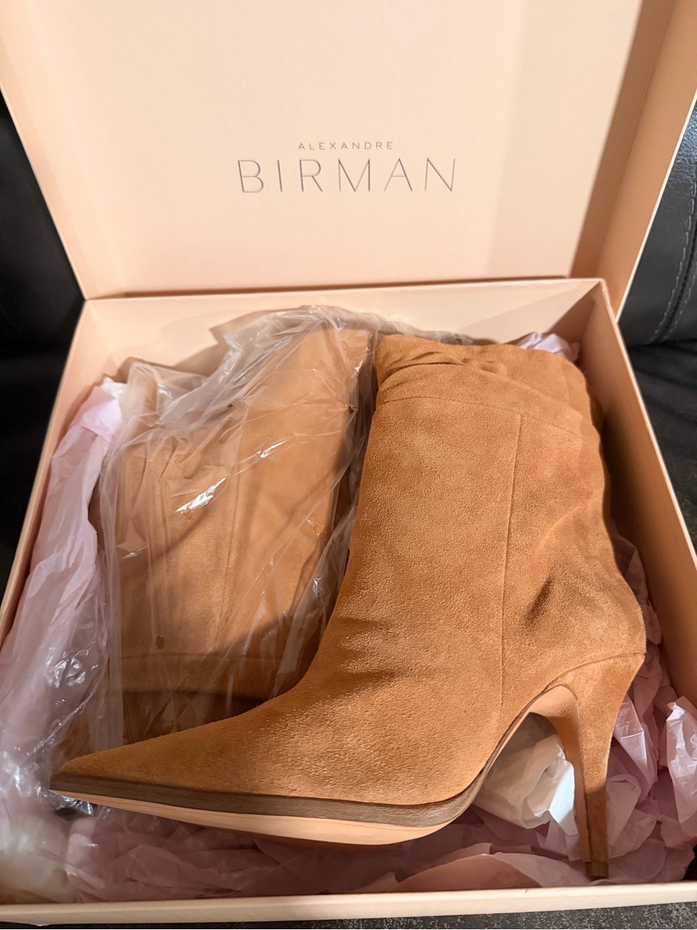 NWT Alexandre Birman x BR Olivia Tan Italian Suede Pointed-Toe Ankle Boots